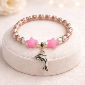 Pink Pearl Star Bracelet w/ Gold Dolphin Charm – Handmade